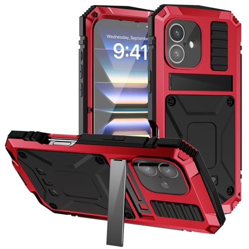 ANROD für iPhone 16 Plus Stoßfeste Hülle, Life wasserdichte Hartschale Aluminium Metall Gorilla Glas Military Heavy Duty Robuste Schutzhülle für iPhone 16 Plus, mit Ständer (Rot) von ANROD