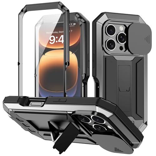 ANROD für iPhone 16 Pro Stoßfeste Hülle, Hartschale Aluminium Metall Gorilla Glas Military Heavy Duty Robuste Schutzhülle für iPhone 16 Pro, mit Objektivschutzkappe (Schwarz) von ANROD