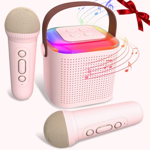 ANSTEN Karaoke Maschine Kinder Bluetooth 5.0, Karaoke Mikrofon für Heimgebrauch, Karaoke Maschine mit 6 Soundeffekte und 5 LED-Licht, Mikrofon Kinder, Karaoke Kinder mit 2 Mikrofon-Pink von ANSTEN