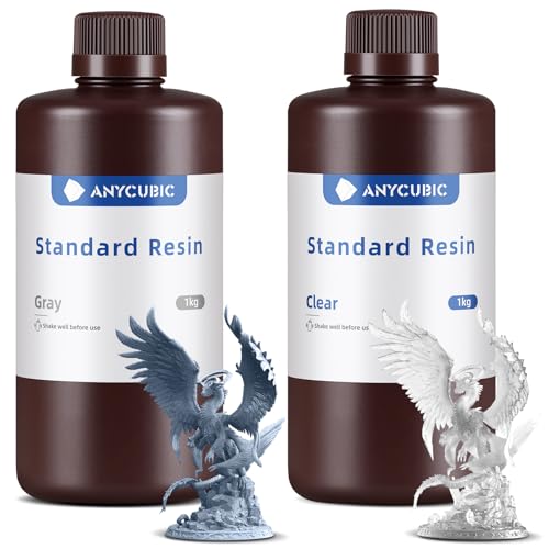 ANYCUBIC 3D Drucker Resin, UV 405nm Standard Rapid Photopolymer Resin, mit Hoher Genauigkeit und Schneller Aushärtung und Hervorragender Fließfähigkeit für den LCD DLP 3D Printer (Grau+Klar,1kg,2pcs) von ANYCUBIC