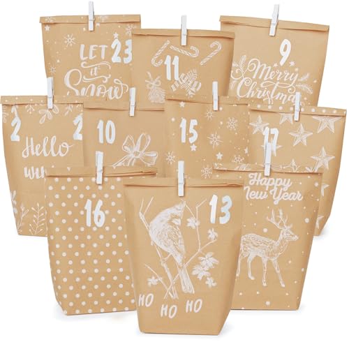 Adventskalender tüten zum Befüllen - 24 bedruckte Geschenktüten mit Zahlenaufkleber und Klammern - Papier Adventstüten - zum Basteln und Verschenken - Weihnachten von ANYUNKEY