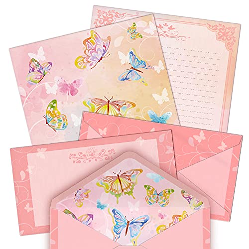 Aquarell Schmetterling Briefpapier (liniert) 48 Stück und selbstschließende Umschläge 24 PC Set, 27 lb schweres Gewicht, beide Seiten bedruckt, rosa Briefpapier 11" x 8,5" mit Briefkopf von ANZON MORIES