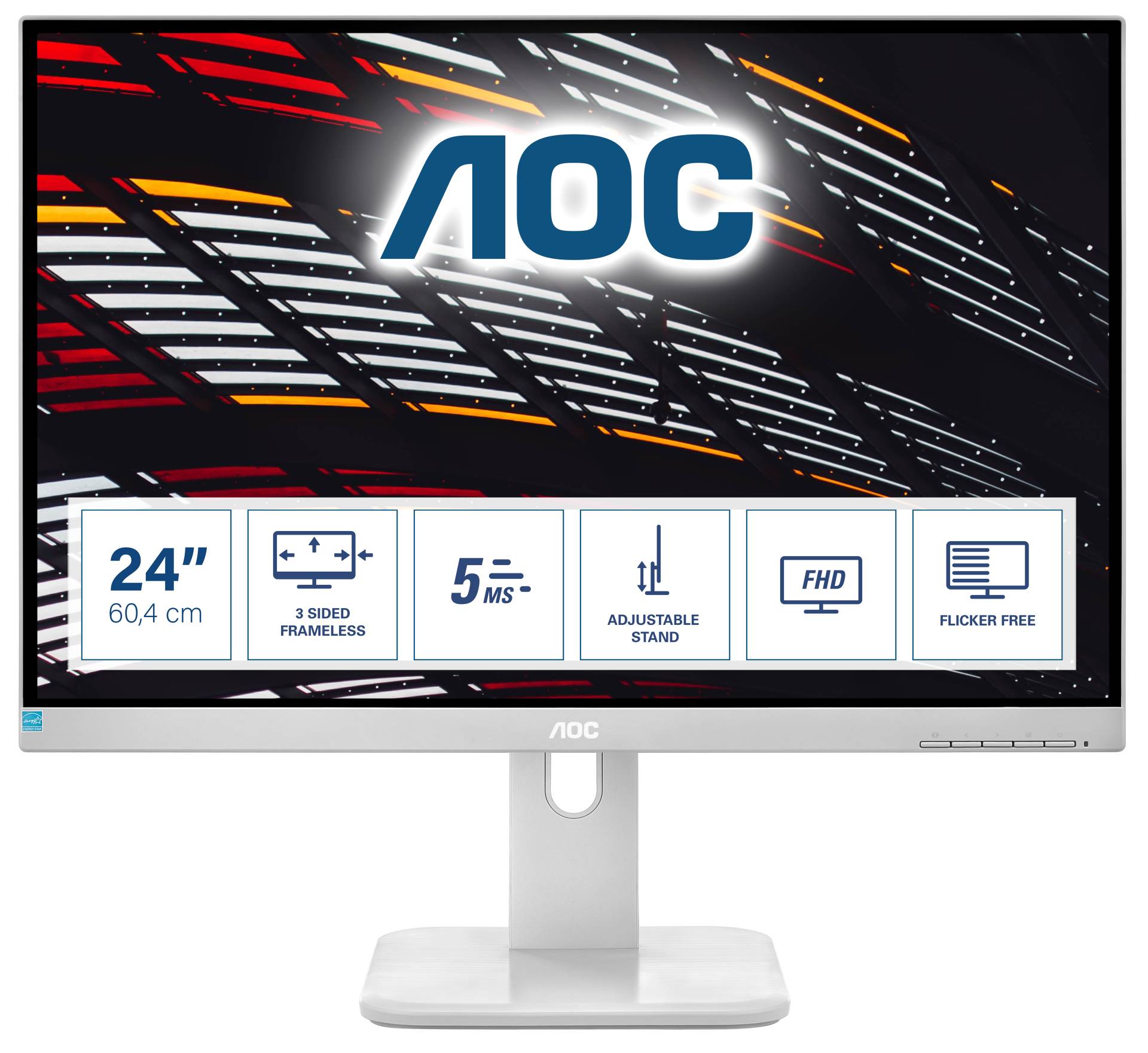 AOC 24P1/GR 24 Zoll FHD Monitor, höhenverstellbar (1920x1080, 60 Hz, VGA, DVI, HDMI, DiplayPort, USB Hub) grau von AOC