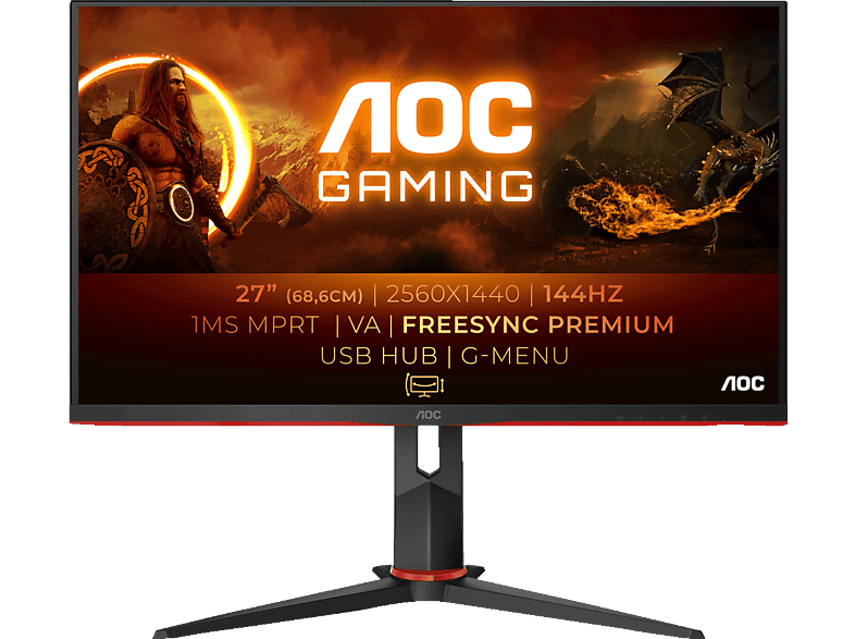 AOC Gaming Q27G2U/BK 27 Zoll QHD Monitor mit Low Input Lag, G-Menu, 6 Games mode, 144 Hz, 1 ms und FreeSync Premium (1 Reaktionszeit, Hz) von AOC