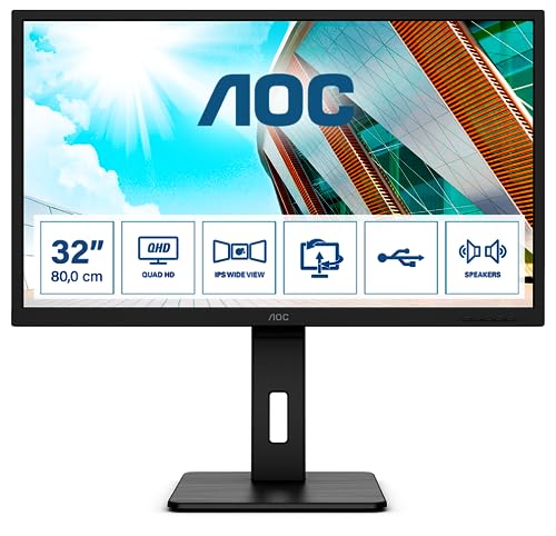 AOC Q32P2CA - 32 Zoll QHD USB-C Docking Monitor, höhenverstellbar (2560x1440, 75 Hz, HDMI, DisplayPort, USB-C, USB Hub) schwarz von AOC