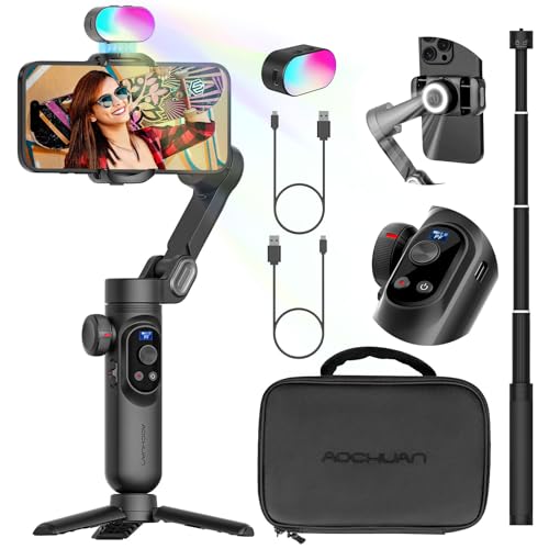 AOCHUAN Professioneller 3-Achsen-Gimbal-Stabilisator für Smartphones mit RGB-Fülllicht-Verlängerungsstange, OLED-Display für iPhone 15 14 13 Pro/Max TikTok YouTube (Smart X Pro Combo1) von AOCHUAN