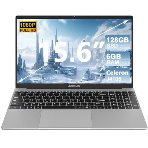 Laptop 15.6 Inch 6GB RAM 256GB SSD Erweiterung 1TB, Notebook Win 11 con 5G WiFi 3.0 Übertragung Anschluss BT 4.2 1920*1080 FHD, Laptops With Mini Multimedia Anschluss & Deutscher Keyboardfilm-Grey von AOCWEI