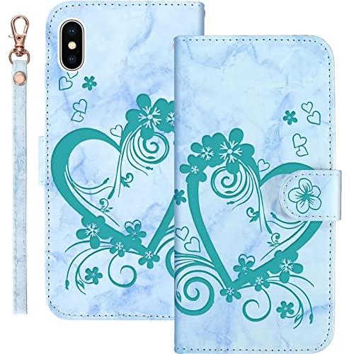 AOSBUTURY Handyhülle Tasche Book Cove für iPhone XS Max (6.5 Zoll) Hülle Blume Liebe Herz Muster Marmor PU Leder Klapphülle Brieftasche Schutzhülle Etui Flip Case,Grün von AOSBUTURY