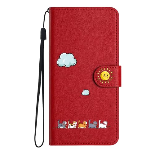 AOSBUTURY iPhone 11 Pro Hülle, Stoßfeste Handyhülle,Etui Flip Case[Verdicktes TPU][Standfunktion] [Kartenfach] PU Leder Klapphülle für iPhone 11 Pro (5.8 Zoll),Rot&Katze von AOSBUTURY