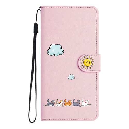 AOSBUTURY iPhone 12/iPhone 12 Pro Hülle, Stoßfeste Handyhülle,Etui Flip Case[Verdicktes TPU][Standfunktion] [Kartenfach] PU Leder Klapphülle für iPhone 12/iPhone 12 Pro (6.1 Zoll),Rosa&Katze von AOSBUTURY