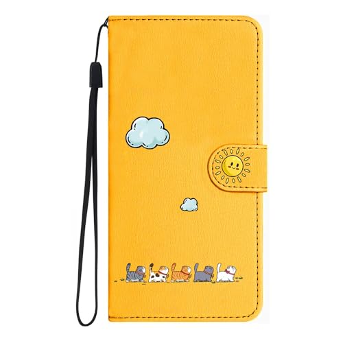 AOSBUTURY iPhone 15 Pro Hülle, Stoßfeste Handyhülle,Etui Flip Case[Verdicktes TPU][Standfunktion] [Kartenfach] PU Leder Klapphülle für iPhone 15 Pro (6.1 Zoll),Orange&Katze von AOSBUTURY