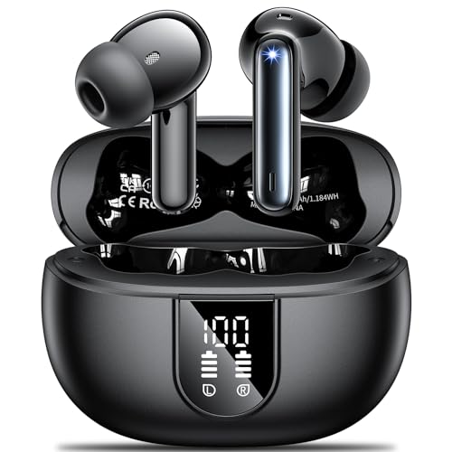 Bluetooth Kopfhörer AOVOCE Kopfhörer Kabellos Bluetooth in Ear 5.3 mit 4 ENC Noise Cancelling Mic LED Anzeige Hi-Fi Stereo Bass 40 std Spielzeit IPX6 Wasserdicht Ohrhörer Sport für iOS Android Schwarz von AOVOCE