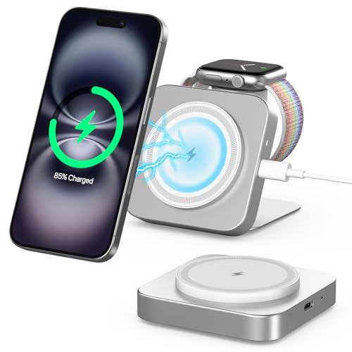 Mag-Safe Ladestation 2 IN 1,Tragbare Ladestation für Apple Watch und iPhone, Kabelloses Ladegerät kompatibel mit iPhone 16 15 14 13 12 Serie, iWatch Serie, Airpods Pro 3 2 (Silber) von AOWIN