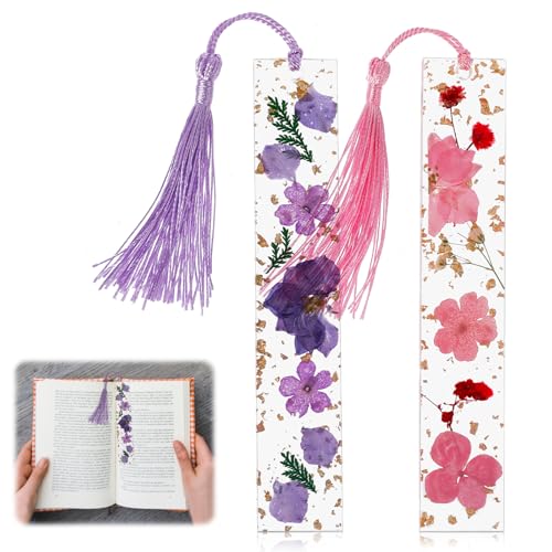 AOZUO 2 Stück Blumen Lesezeichen Personalisiert,Personalisiertes Lesezeichen aus Getrockneten Blumen,Bookmark aus Kunstharz Transparente Gepresste Handgefertigte Blumen Seitenmarker mit Quaste von AOZUO