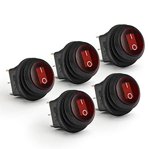 APIELE 5 Stücke Wasserdichter runde Kippschalter,2 Position EIN-Aus mit LED-Schalter SPST 3 Pins Wippschalter,12V 20A Taste Rocker Kippschalter Für Auto, Boot, Haushaltsgeräte KCD1-8-101NW (rot) von APIELE