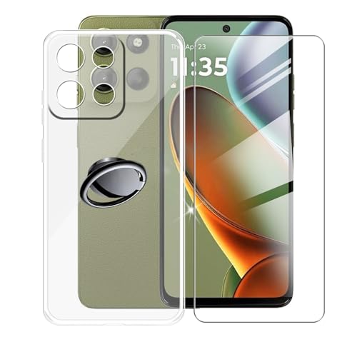 AQGGIIXY Handyhülle Transparent für Motorola Moto G15 (6.50"), Weiche Schutzhülle + 1 Stück Gehärtetem Glas Schutzfolie, 360° Drehbar Handy-Ringhalter Cover für Motorola Moto G15 - SH3 von AQGGIIXY