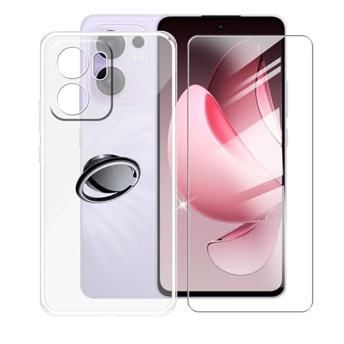 AQGGIIXY Handyhülle Transparent für Oppo Reno13 F CPH2699 (6.67"), Weiche Schutzhülle + 1 Stück Gehärtetem Glas Schutzfolie, 360° Drehbar Handy-Ringhalter Cover für Oppo Reno13 F CPH2699 - SH3 von AQGGIIXY