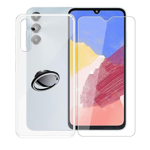 AQGGIIXY Handyhülle Transparent für Samsung Galaxy F14 4G (6.70"), Weiche Schutzhülle + 1 Stück Gehärtetem Glas Schutzfolie, 360° Drehbar Handy-Ringhalter Cover für Samsung Galaxy F14 4G - SH3 von AQGGIIXY