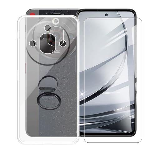 AQGGIIXY Handyhülle Transparent für ZTE Nubia Focus Pro 5G (6.72"), Weiche Schutzhülle + 1 Stück Gehärtetem Glas Schutzfolie, 360° Drehbar Handy-Ringhalter Cover für ZTE Nubia Focus Pro 5G - SH10 von AQGGIIXY