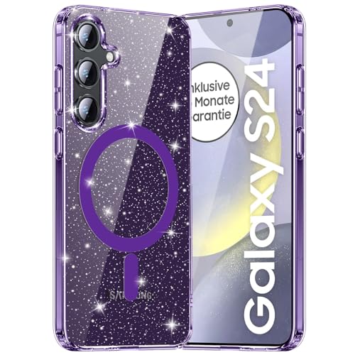 ÁRBOLORO Glitzer Hülle für Samsung Galaxy S24, Kompatibel mit MagSafe, Transparente Bling Glitter Handyhülle Niedliche Glitzern Schutzhülle Stoßfest Sturzschutz Case für Frauen und Mädchen, Lila von ÁRBOLORO