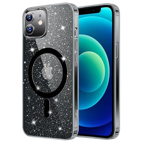 ÁRBOLORO Glitzer Hülle für iPhone 12/12 Pro, Kompatibel mit MagSafe, Bling Glitter Handyhülle Niedliche Glitzern Schutzhülle Stoßfest Sturzschutz Case für Frauen und Mädchen, Schwarz von ÁRBOLORO