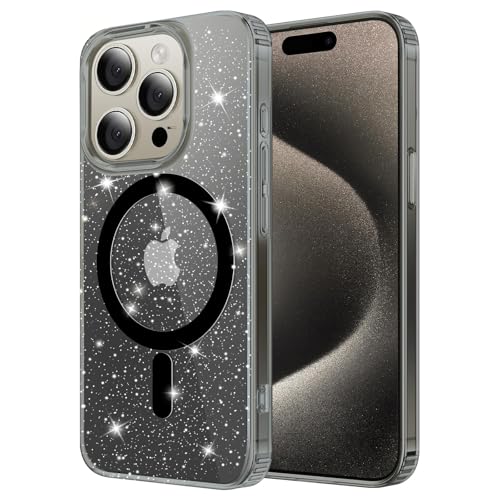 ÁRBOLORO Glitzer Hülle für iPhone 15 Pro, Kompatibel mit MagSafe, Bling Glitter Handyhülle Niedliche Glitzern Schutzhülle Stoßfest Sturzschutz Case für Frauen und Mädchen, Schwarz von ÁRBOLORO