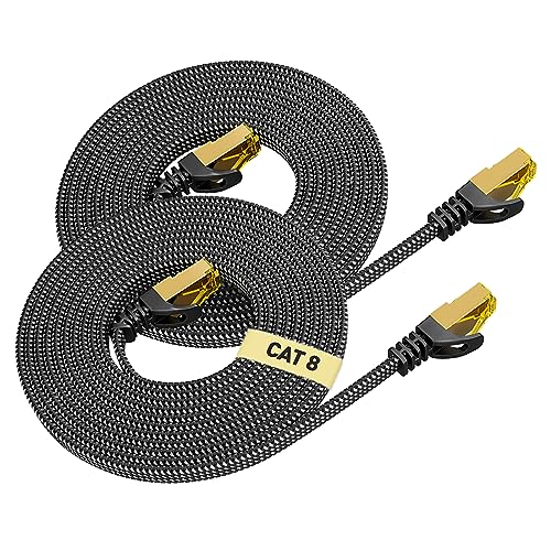 Cat 8 Ethernet-Kabel 2M 2-Stück, ARISKEEN Cat8 Geflochten Flach Hochgeschwindigkeit (40Gbps 2000Mhz/s) Gigabit Rj45 STP Geschirmtes Internet Netzwerk Lan Patch Kabel Draht für Router Modem Patch Panel von ARISKEEN