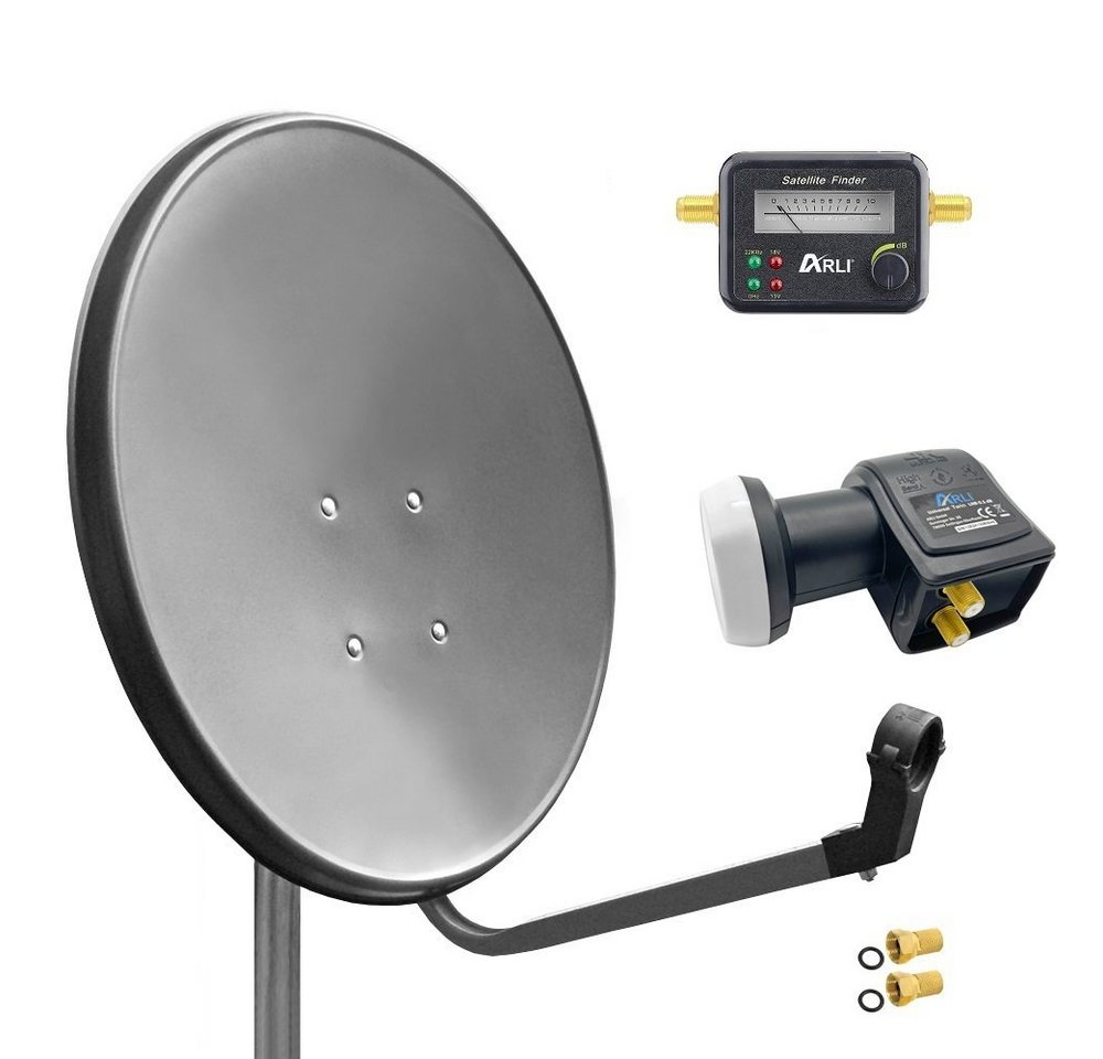 ARLI 60cm HD SAT Anlage grau + Twin LNB + Satfinder SAT-Antenne (60 cm, Stahl, + 2x F-Stecker vergoldet Set 10365) von ARLI