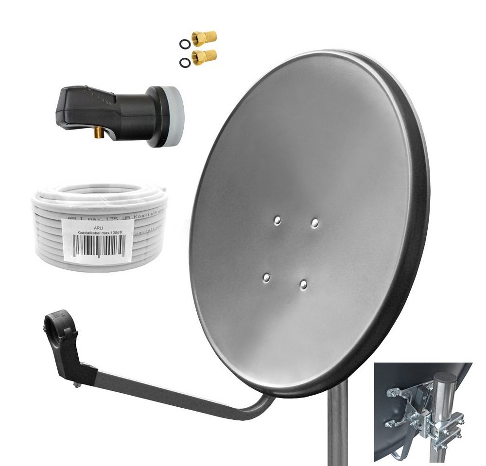 ARLI 60cm HD Sat Anlage grau+ Single LNB +20m Koaxialkabel +2x F-Stecker SAT-Antenne (60 cm, Stahl) von ARLI