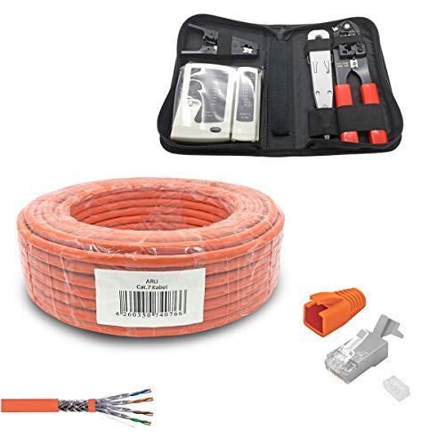 ARLI CAT 7 Verlegekabel 50m Netzwerkkabel CAT.7 + Crimpzange RJ45 Zange + Kabelmesser + 20x Netzwerkstecker Netzwerk Stecker 8 polig Plug LAN Halogenfrei Installationskabel CAT7 Kabel Netzwerk 50 m von ARLI