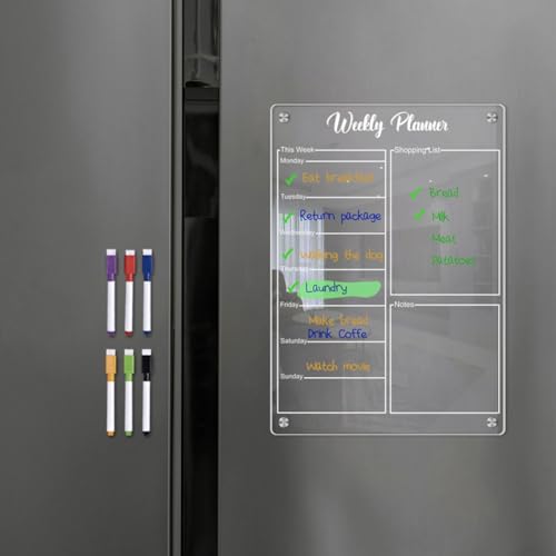 Transparenter Wochenplaner, magnetische Acryltafel, trocken abwischbare Tafel für Kühlschrank, Magnet, Wochenkalender für Kühlschrank, inklusive 6 Farbmarkern (A4) von ARMYJY