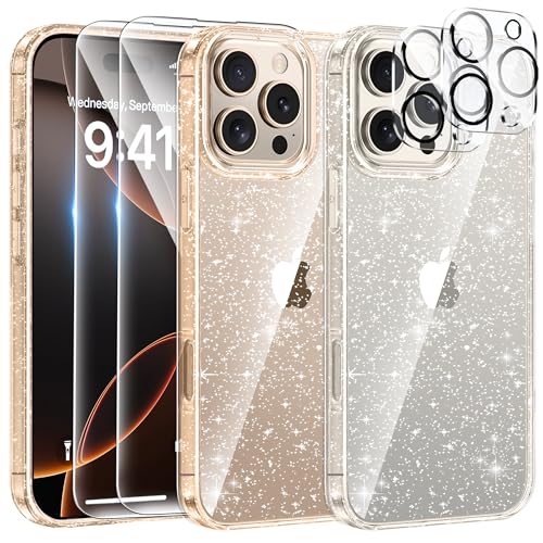 AROYI 5 in 1 Klar Glitzer Handyhülle Kompatibel mit iPhone 16 Pro Hülle Glitzer mit 2 Schutzfolie + 2 Kameraschutz, Handyhülle iPhone 16 Pro Transparent Weiche TPU Silikon Case [Anti-Yellowing] von AROYI