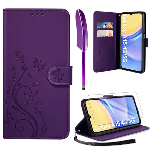 AROYI Lederhülle Kompatibel mit Samsung Galaxy A15 5G/4G Hülle und Schutzfolie, Flip Wallet Handyhülle PU Leder Case Kartensteckplätzen Schutzhülle Kompatibel mit Samsung Galaxy A15 Dunkel Violett von AROYI