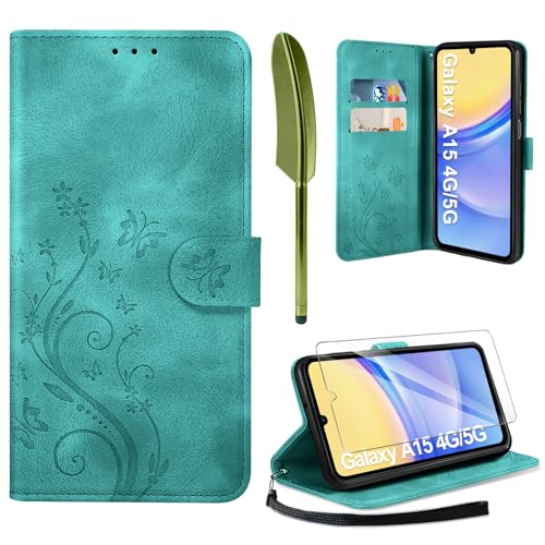 AROYI Lederhülle Kompatibel mit Samsung Galaxy A15 5G/4G Hülle und Schutzfolie, Flip Wallet Handyhülle PU Leder Case Kartensteckplätzen Schutzhülle Kompatibel mit Samsung Galaxy A15 Dunkel Grün von AROYI