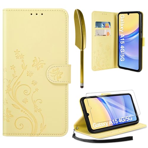 AROYI Lederhülle Kompatibel mit Samsung Galaxy A15 5G/4G Hülle und Schutzfolie,Wallet Handyhülle Leder Tasche Kartensteckplätzen Schutzhülle Kompatibel mit Samsung Galaxy A15 5G/4G Gelb von AROYI