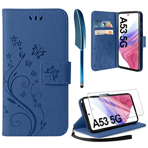 AROYI Lederhülle Kompatibel mit Samsung Galaxy A53 5G Hülle und Schutzfolie, Flip Wallet Handyhülle PU Leder Tasche Case Kartensteckplätzen Schutzhülle Dunkel Blau von AROYI