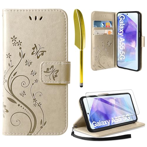 AROYI Lederhülle Kompatibel mit Samsung Galaxy A55 5G Hülle und Schutzfolie,Wallet Handyhülle Leder Tasche Kartensteckplätzen Schutzhülle Kompatibel mit Samsung Galaxy A55 5G Golden von AROYI