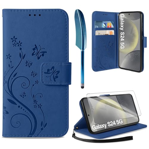 AROYI Lederhülle Kompatibel mit Samsung Galaxy S24 5G Hülle und Schutzfolie,Wallet Handyhülle Leder Tasche Kartensteckplätzen Schutzhülle Kompatibel mit Samsung Galaxy S24 5G Dunkel Blau von AROYI