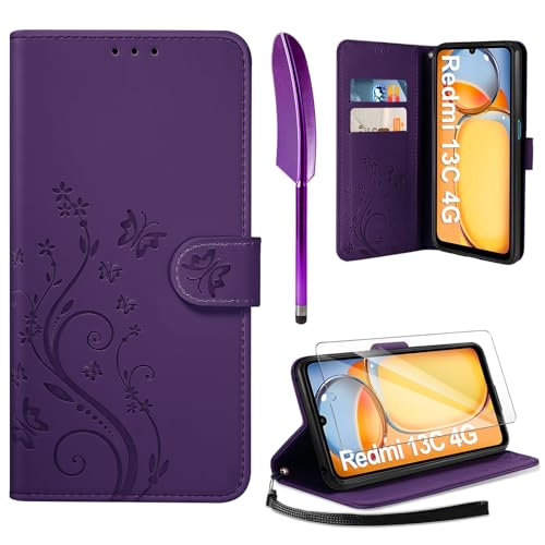 AROYI Lederhülle Kompatibel mit Xiaomi Redmi 13C 4G/5G Hülle und Schutzfolie, Flip Wallet Handyhülle PU Leder Case Kartensteckplätzen Schutzhülle Kompatibel mit Xiaomi Redmi 13C Dunkel Violett von AROYI