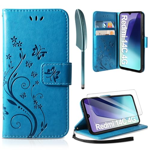 AROYI Lederhülle Kompatibel mit Xiaomi Redmi 14C 4G Hülle und Schutzfolie, Flip Wallet Handyhülle PU Leder Case Kartensteckplätzen Schutzhülle Kompatibel mit Xiaomi Redmi 14C 4G Blau von AROYI