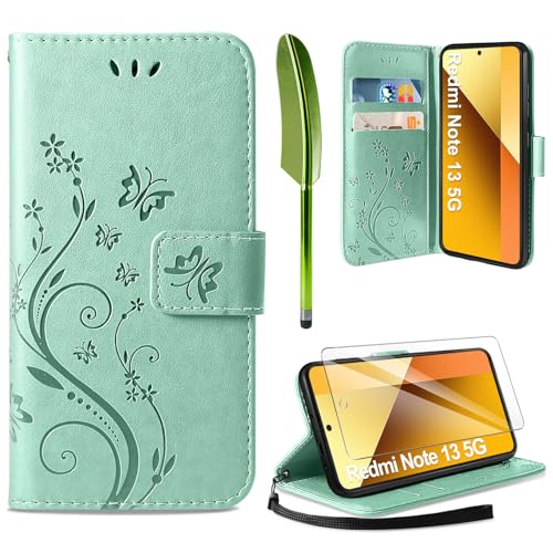 AROYI Lederhülle Kompatibel mit Xiaomi Redmi Note 13 5G（Nicht für 4G）Hülle und Schutzfolie,Wallet Handyhülle Leder Tasche Kartensteckplätzen Schutzhülle Kompatibel mit Xiaomi Redmi Note 13 5G Minzgrün von AROYI