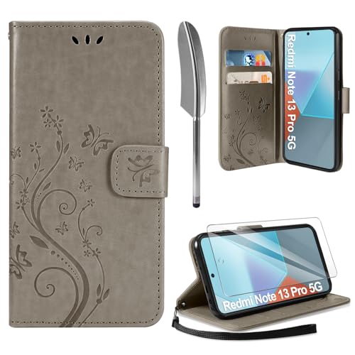 AROYI Lederhülle Kompatibel mit Xiaomi Redmi Note 13 Pro 5G（Nicht für 4G） Hülle und Schutzfolie,Wallet Handyhülle Leder Tasche Kartensteckplätzen Schutzhülle mit Xiaomi Redmi Note 13 Pro 5G Grau von AROYI