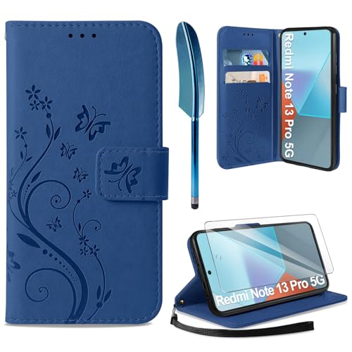 AROYI Lederhülle Kompatibel mit Xiaomi Redmi Note 13 Pro 5G（Nicht für 4G）Hülle und Schutzfolie,Wallet Handyhülle Leder Tasche Kartensteckplätzen Schutzhülle mit Xiaomi Redmi Note 13 Pro 5G Dunkel Blau von AROYI