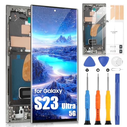 AMOLED Bildschirm für Samsung Galaxy S23 Ultra 5G LCD Display für Samsung S23 Ultra 2023 6,8 Zoll S918 S918B SM-S918B SM-S918B/DS Touchscreen Digitizer Full Assembly mit Werkzeugen (Blau mit Rahmen) von ARSSLY