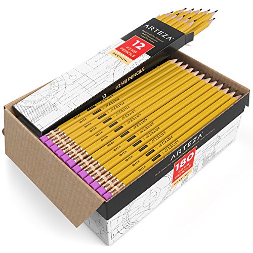 ARTEZA Bleistift HB, Holzbleistifte 180er Großpackung, Bleistifte mit latextfreiem Radiergummi, vorgespitzt für reibungsloses Schreiben in Schule, Büro & zum Zeichnen und Skizzieren von ARTEZA
