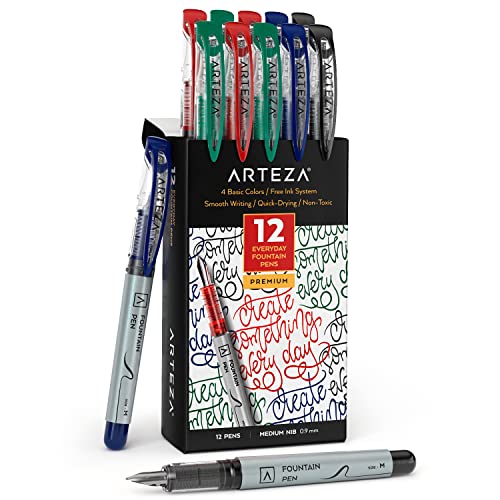 ARTEZA Einweg-Füllfederhalter-Set, 12 Stück, 4 Grundfarben – schnell trocknende Tinte für glattes Schreiben, Kalligraphie, Journaling, Skizzieren und Kritzeln von ARTEZA