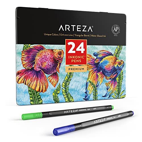 ARTEZA Inkonic Fineliner Set, 24 feine Filzstifte mit 0,4mm Spitze, farbige Bullet Journal Fineliner dreikant mit ergonomischer Schaft und Farbnummern zum Ausmalen, Zeichnen und Detaillieren von ARTEZA