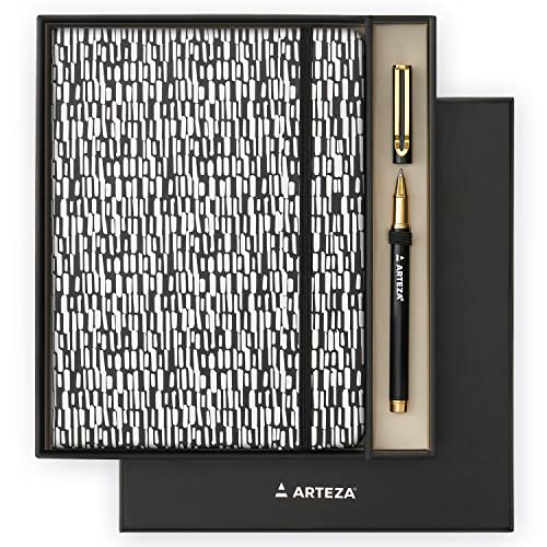 ARTEZA Notizbuch Geschenk Set, 15,2 x 20,3 cm, 96-Blatt- Hardcover doppelseitig liniert, Tagebuchhalter und 1 schwarzer Tintenstift, Schwarz-Weiß-Design, für Absolventen, Studenten und Lehrer von ARTEZA