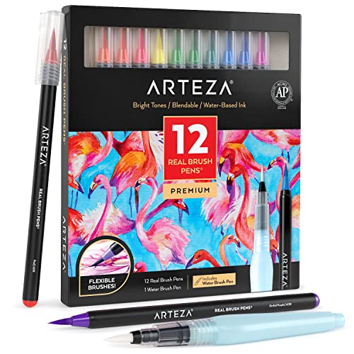 ARTEZA Pinselstifte, Brush Pen 12er-Set, Helle Töne, mischbare Aquarellstifte und 1 Wasserpinsel, Künstlerbedarf für Schule, Zuhause und Büro von ARTEZA
