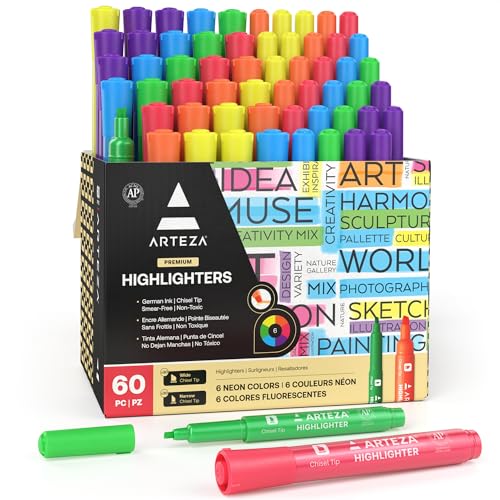 ARTEZA Textmarker, Leuchtstifte 60-er Großpackung, Textliner in 6 bunten Neonfarben, 30 schmale & 30 breite Keilspitzen, hergestellt mit ungiftiger Tinte, zum Markieren im Haushalt, Schule, Büro von ARTEZA